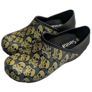 Sanita Skull Print Slip Resistant Clogs Womens 38 Black Yellow Nurse Chef